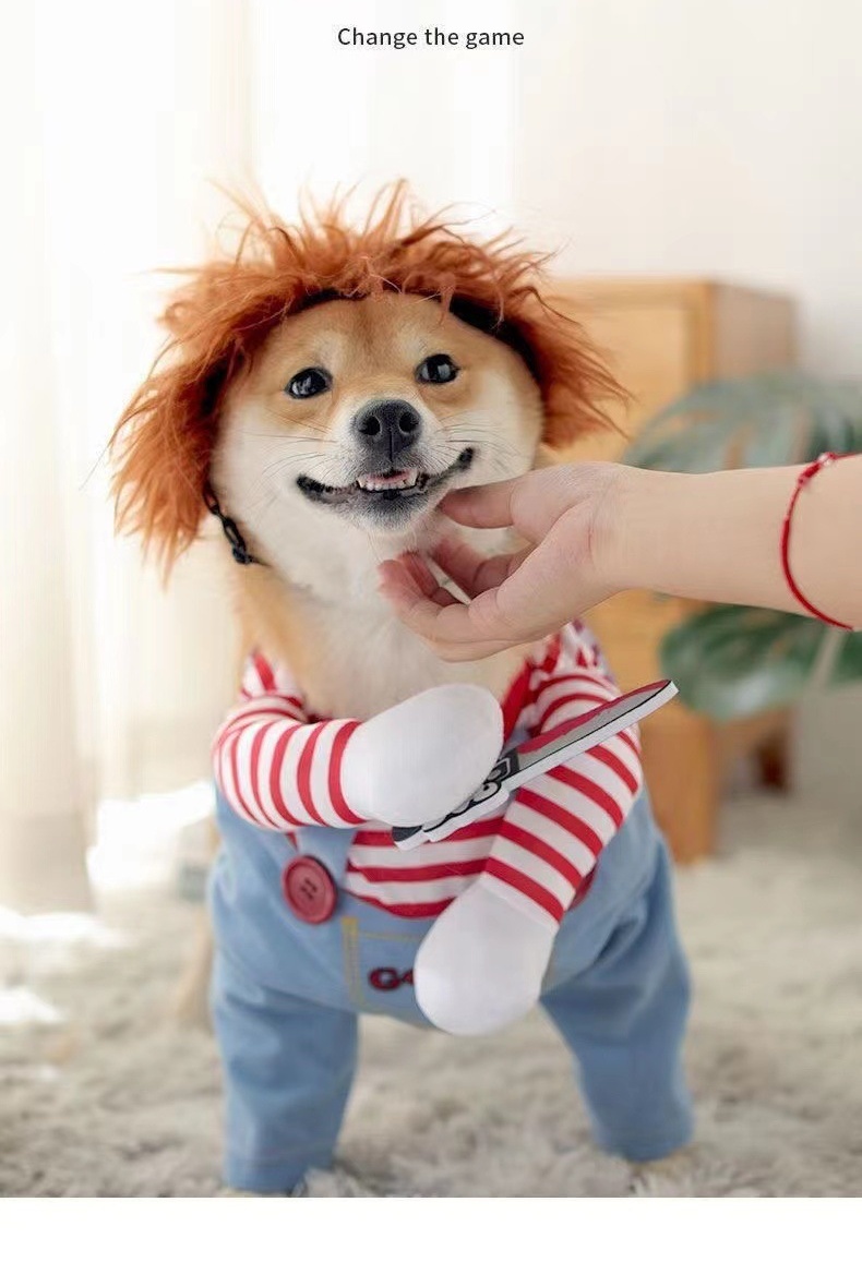 Killer Doll Style Dog Costume Striped Shirt with Overalls and Knife Accessory